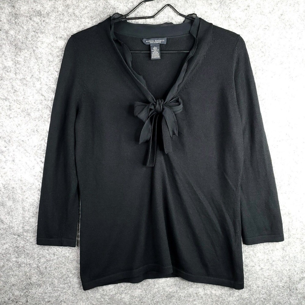 Banana Republic Sweater Womens L Black Silk Cashmere Tie Front Career Soft